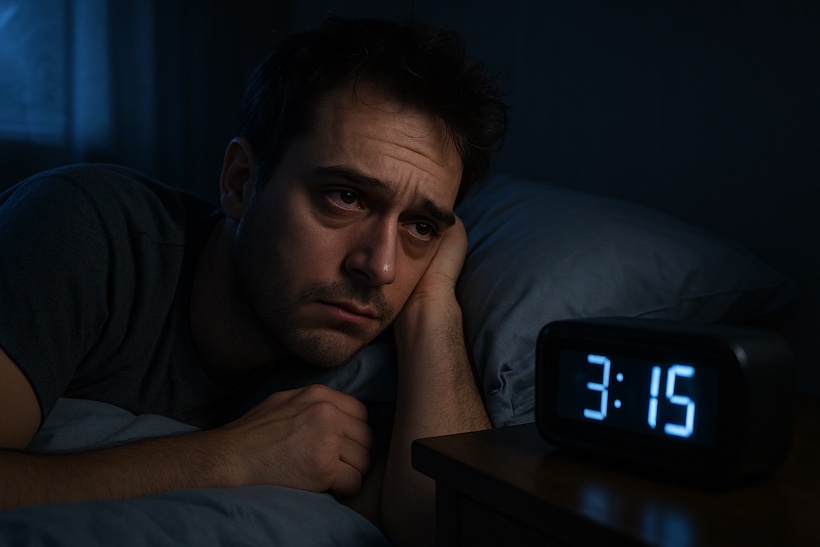 homme fatigué dans son lit n'arrivant pas à dormir, son réveil indique 3h15 du matin
