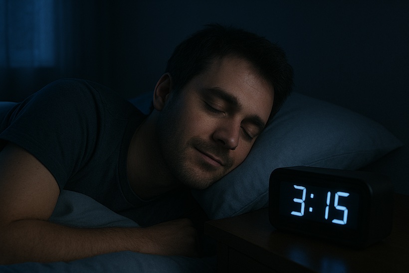 homme dormant paisiblement dans son lit, son réveil indique 3h15 du matin
